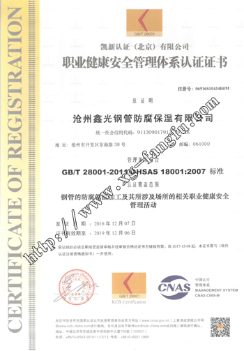职业健康安全管理体系认证证书中文